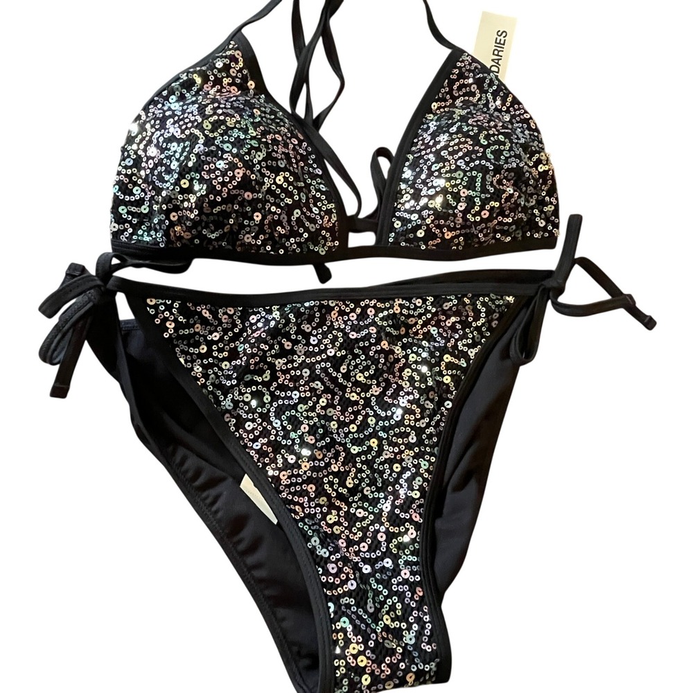 No Boundaries 2 Piece Sequin Black String Bikini Sz XL 16-18 NWT